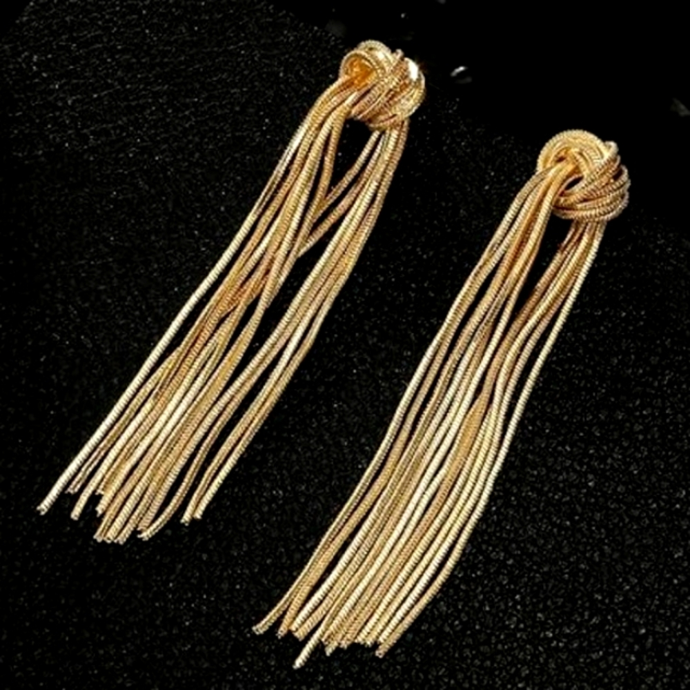 Love Knot Long Chain Twisted Tassel Earrings Gold Post Dangle Knotted Twist New